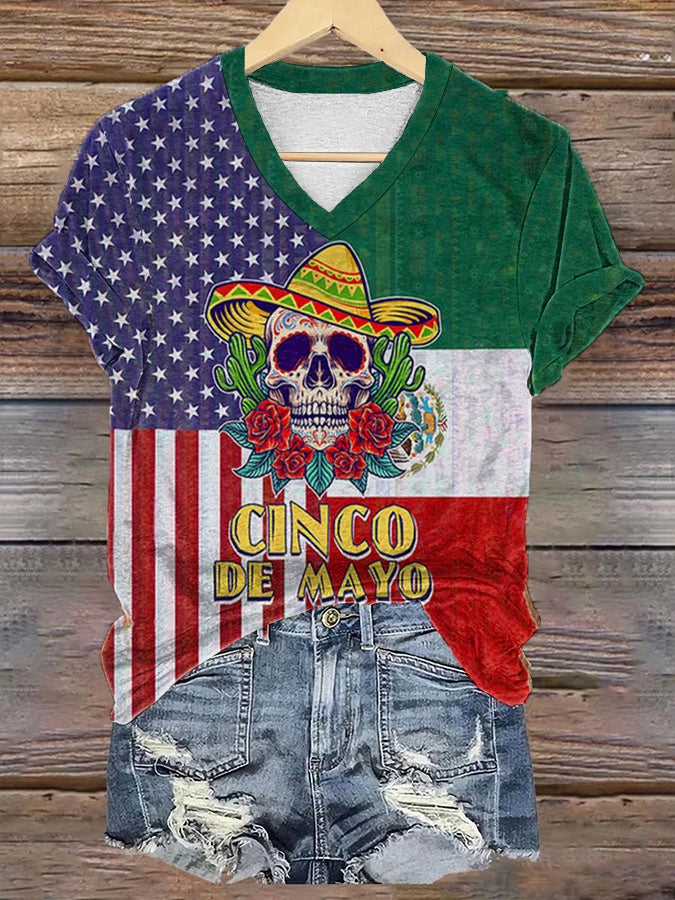 Mujer Cinco De Mayo Impreso V-cuello Casual Camiseta de manga corta