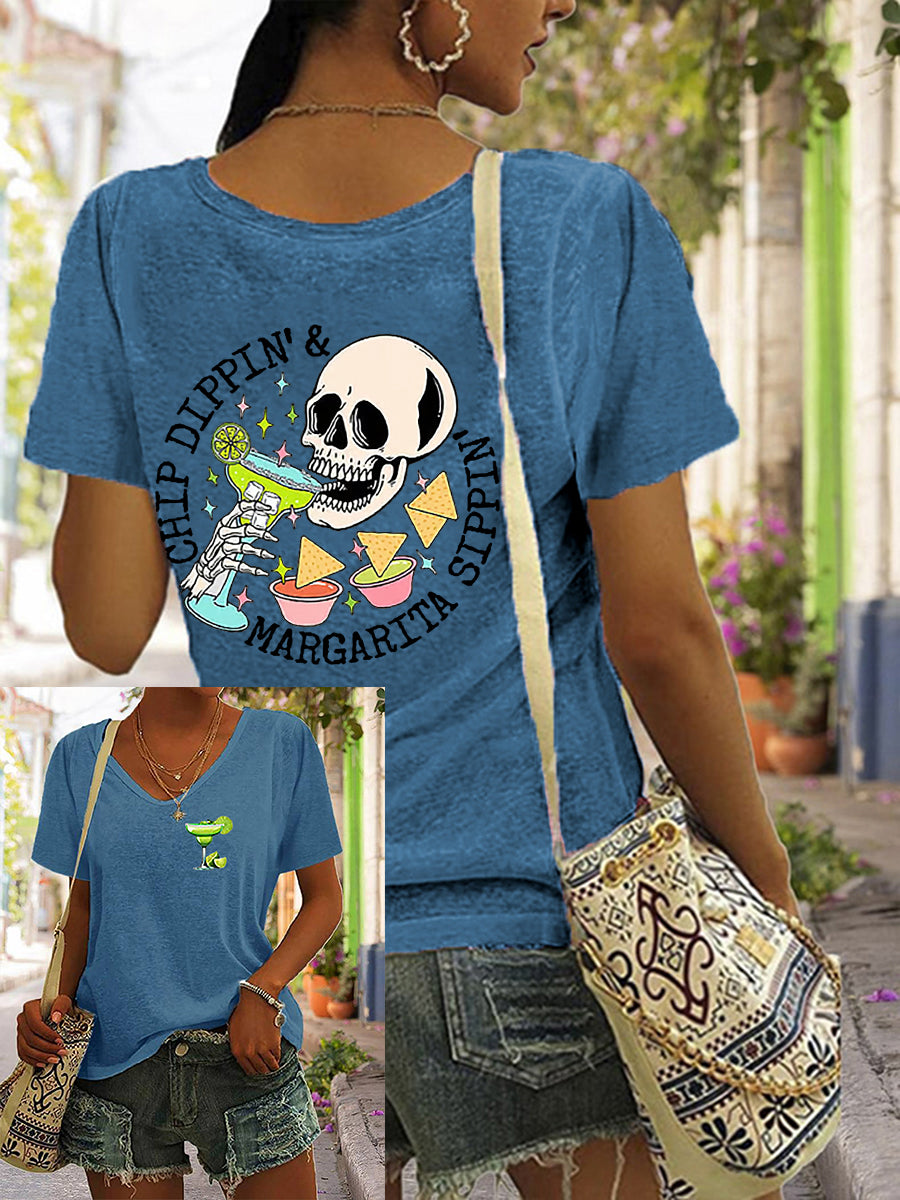 Mujer Cinco De Mayo Chip Dippin' Margarita Sippin 'Printed V-cuello de manga corta camiseta