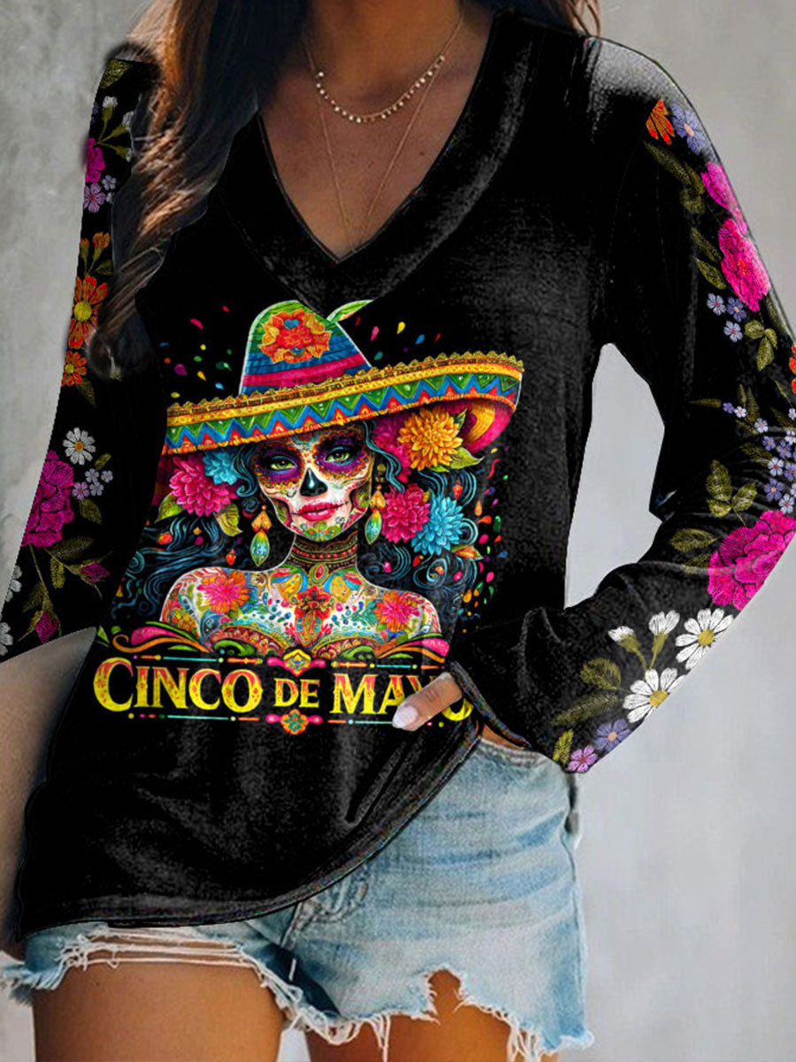 Top con estampado de arte floral de México Cinco de Mayo para mujer