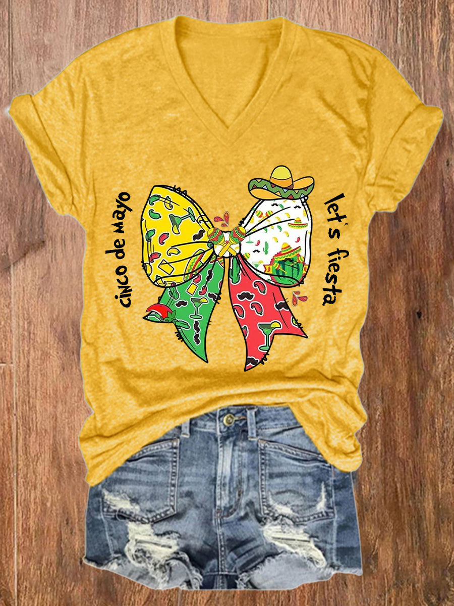 Camiseta de manga corta casual impresa Fiesta de Cinco De Drinko para mujer