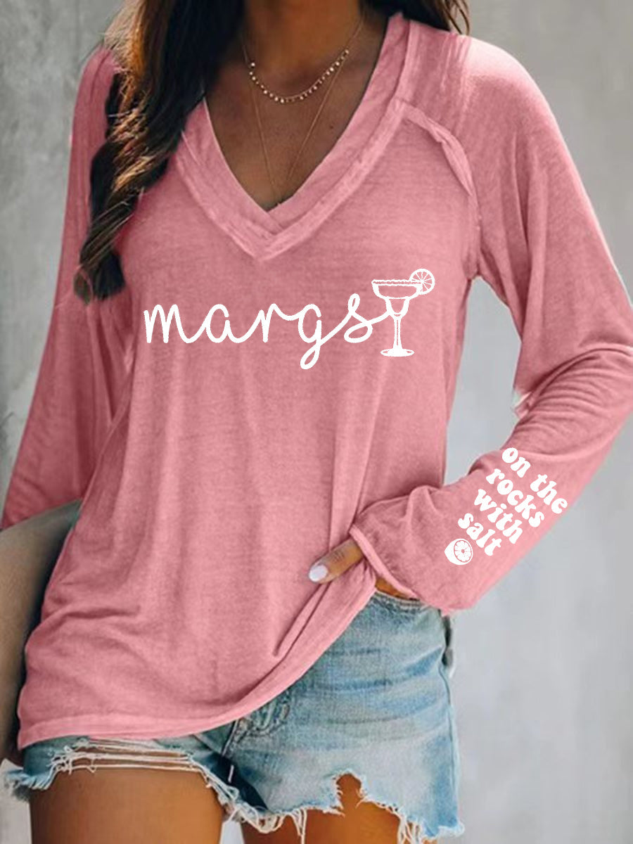 Cinco De Mayo Margarit On The Rocks With Salt Printed Camiseta de manga larga con cuello en V para mujer