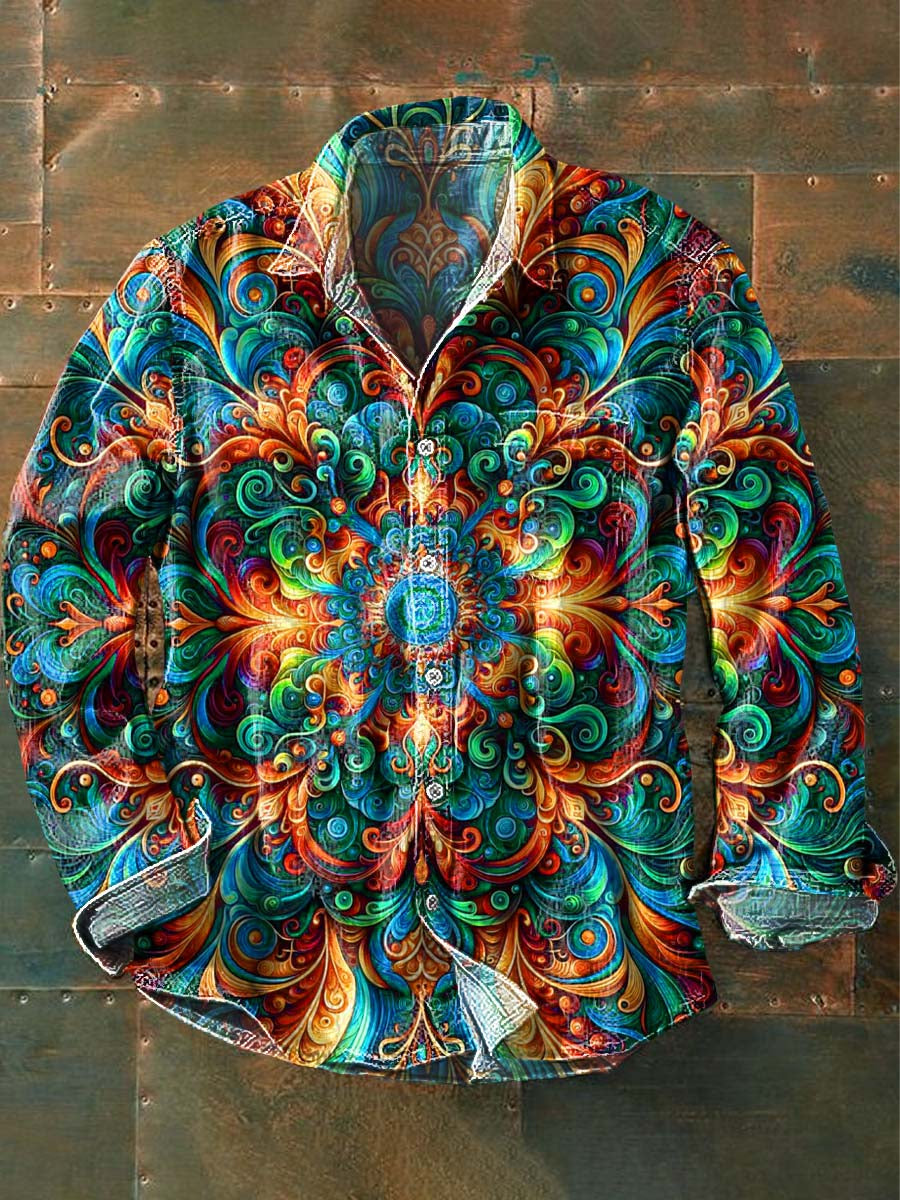 Camisa de manga larga de solapa casual con estampado floral colorido de los hombres