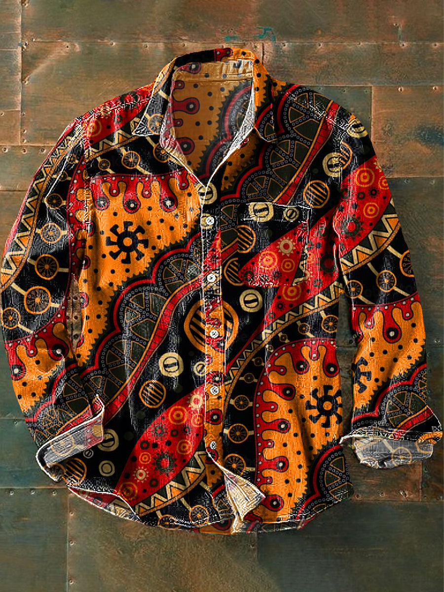 Unisex Vintage Irregular Geometric Wave Art Print Algodón Solapa Manga Larga Bolsillo Camisa