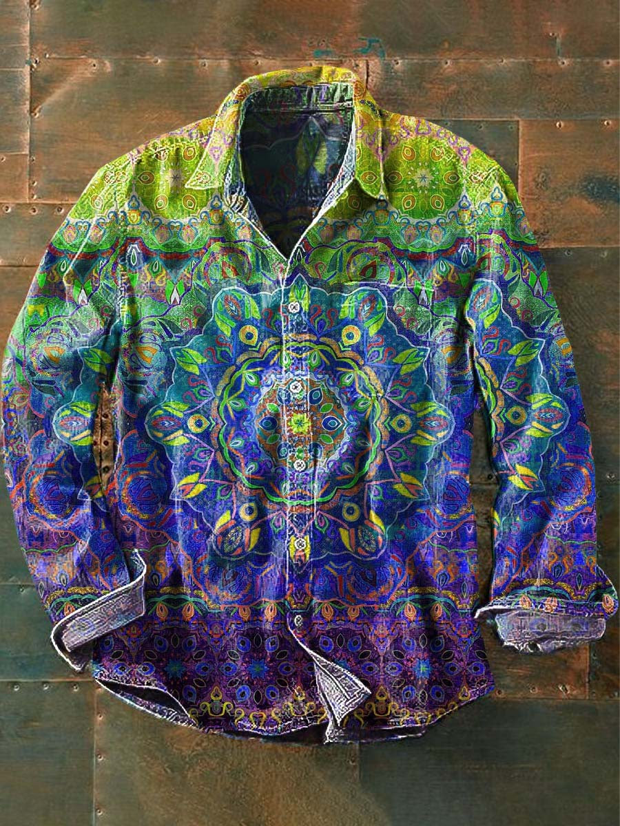 Camisa de manga larga de solapa casual con estampado de mandala vintage para hombres