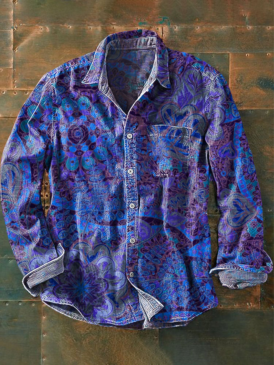 Camisa de bolsillo de manga larga de solapa con estampado de arte floral azul vintage para hombre