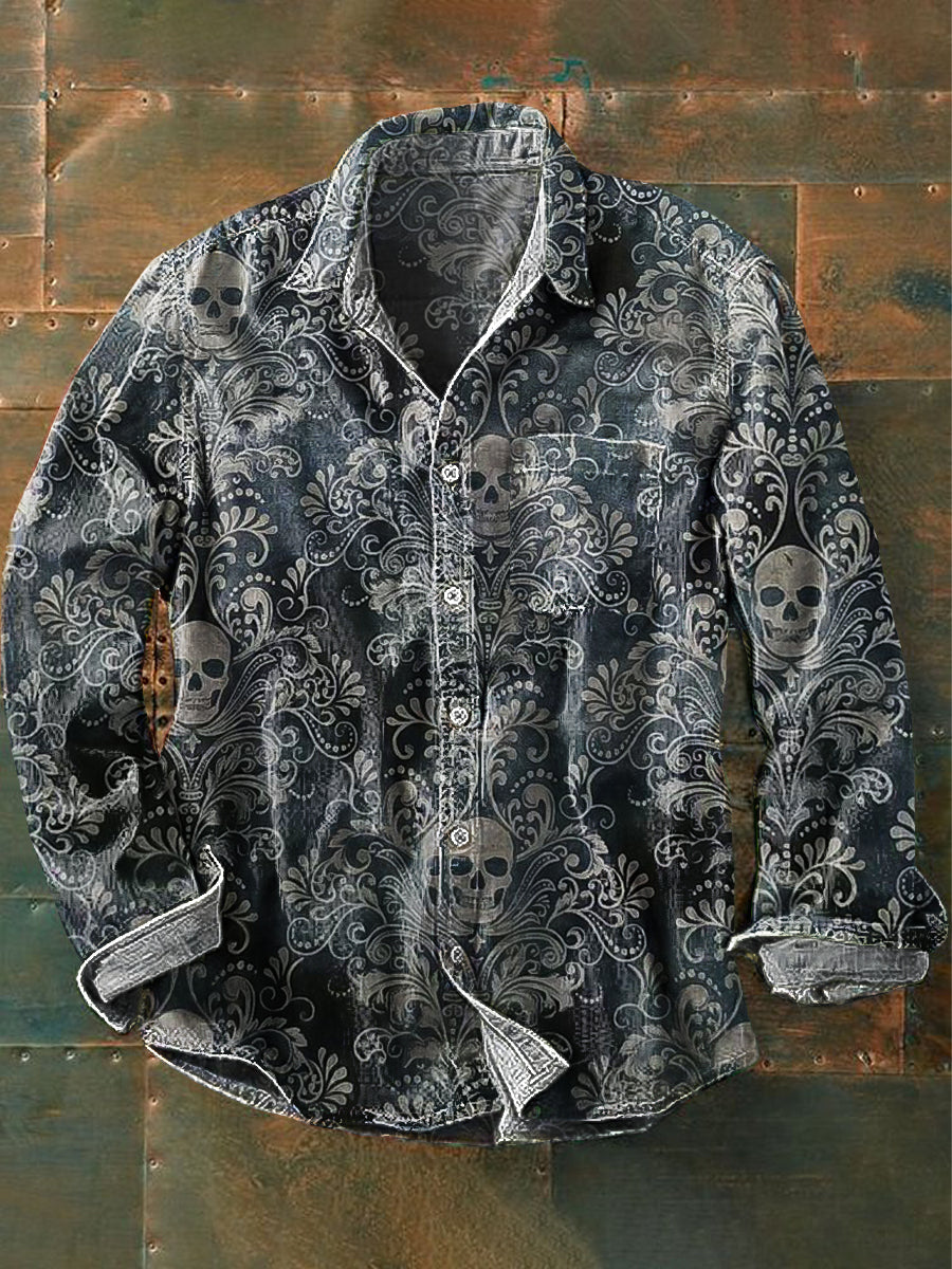Hombres Vintage Dark Skull Floral Art Print solapa manga larga bolsillo Camisa