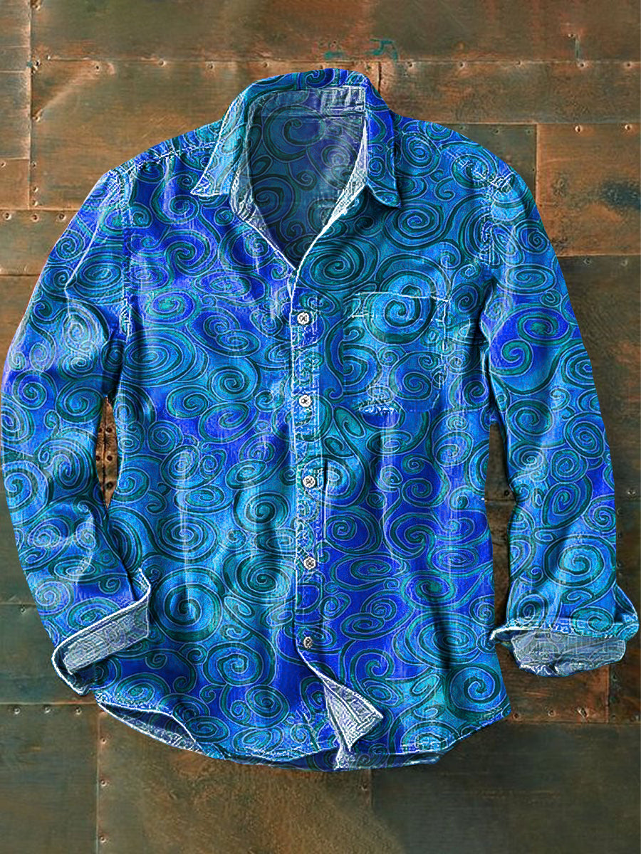 Vintage Gradiente Espiral Art Print Lapel Manga Larga Bolsillo Camisa de los hombres