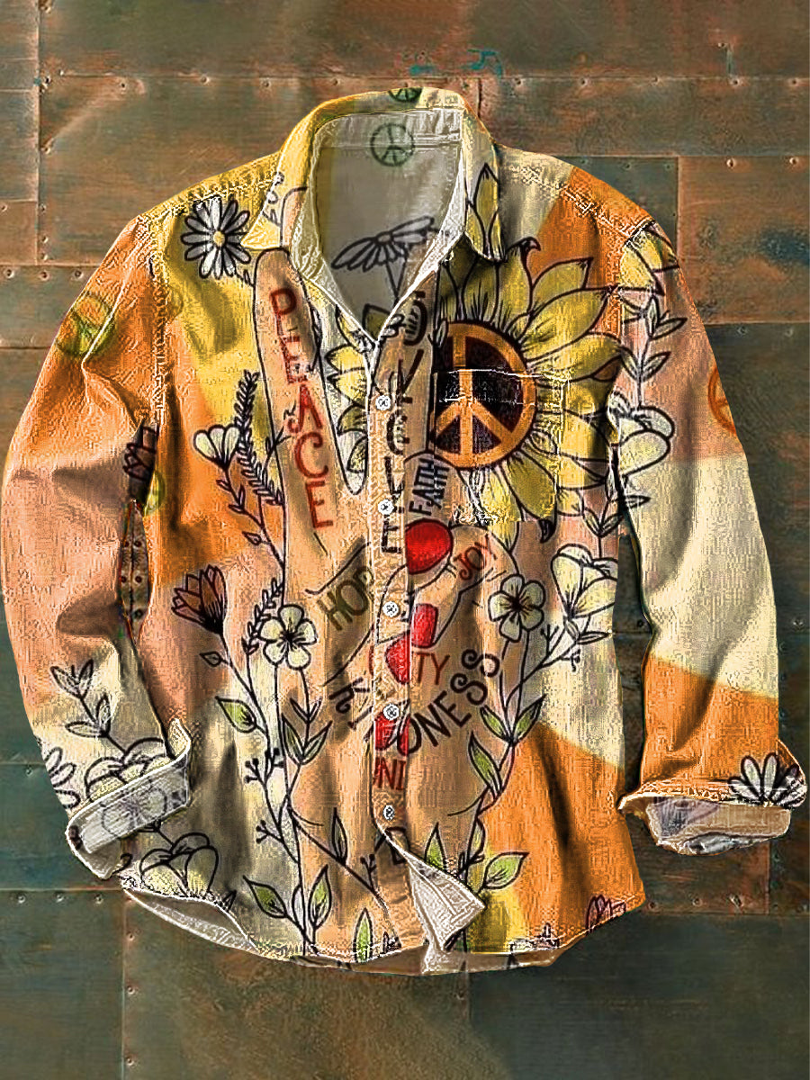 Unisex Vintage paz y amor Daisy Art Print algodón solapa manga larga bolsillo Camisa