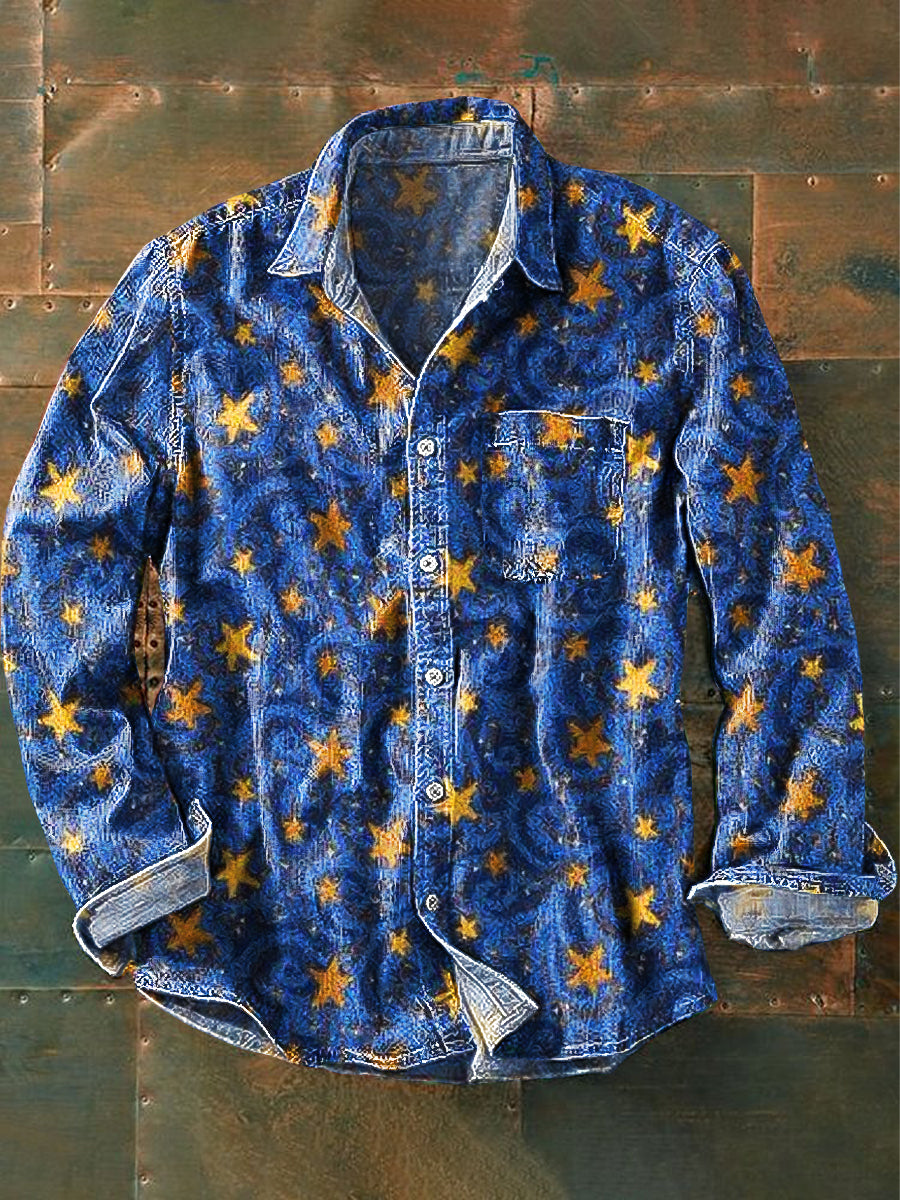 Unisex Vintage Sky Gold Stars Art Print Algodón Solapa Manga Larga Bolsillo Camisa