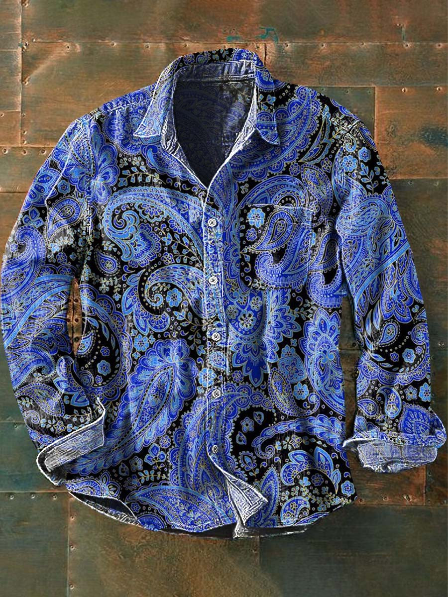 Camisa de manga larga casual con estampado de flores de anacardo vintage para hombres