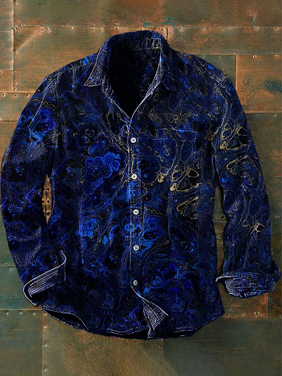 Unisex Hombres Vintage Lapislázuli Oro con textura Abstracción Imprimir Casual Camisa de manga larga