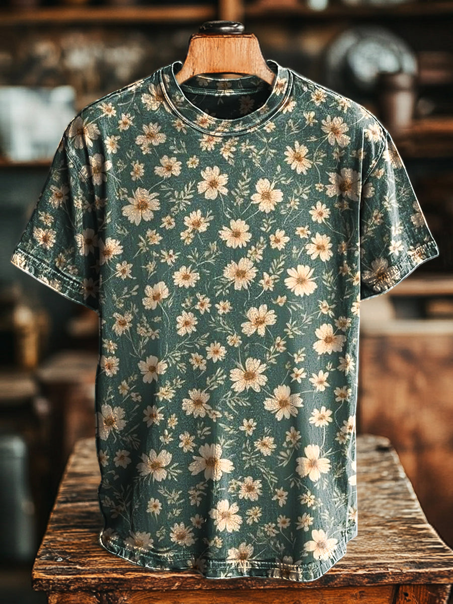 Camiseta de manga corta suelta casual con estampado floral retro unisex