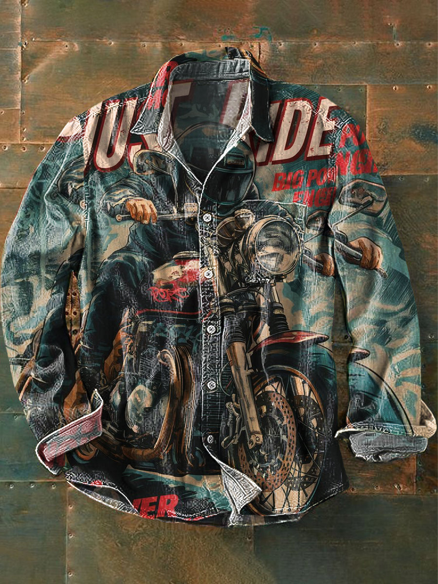 Hombres Vintage Just Ride Biker Patrón de impresión de arte de manga larga bolsillo Camisa