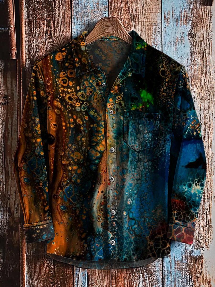 Camisa de manga larga casual con estampado de arte degradado abstracto retro