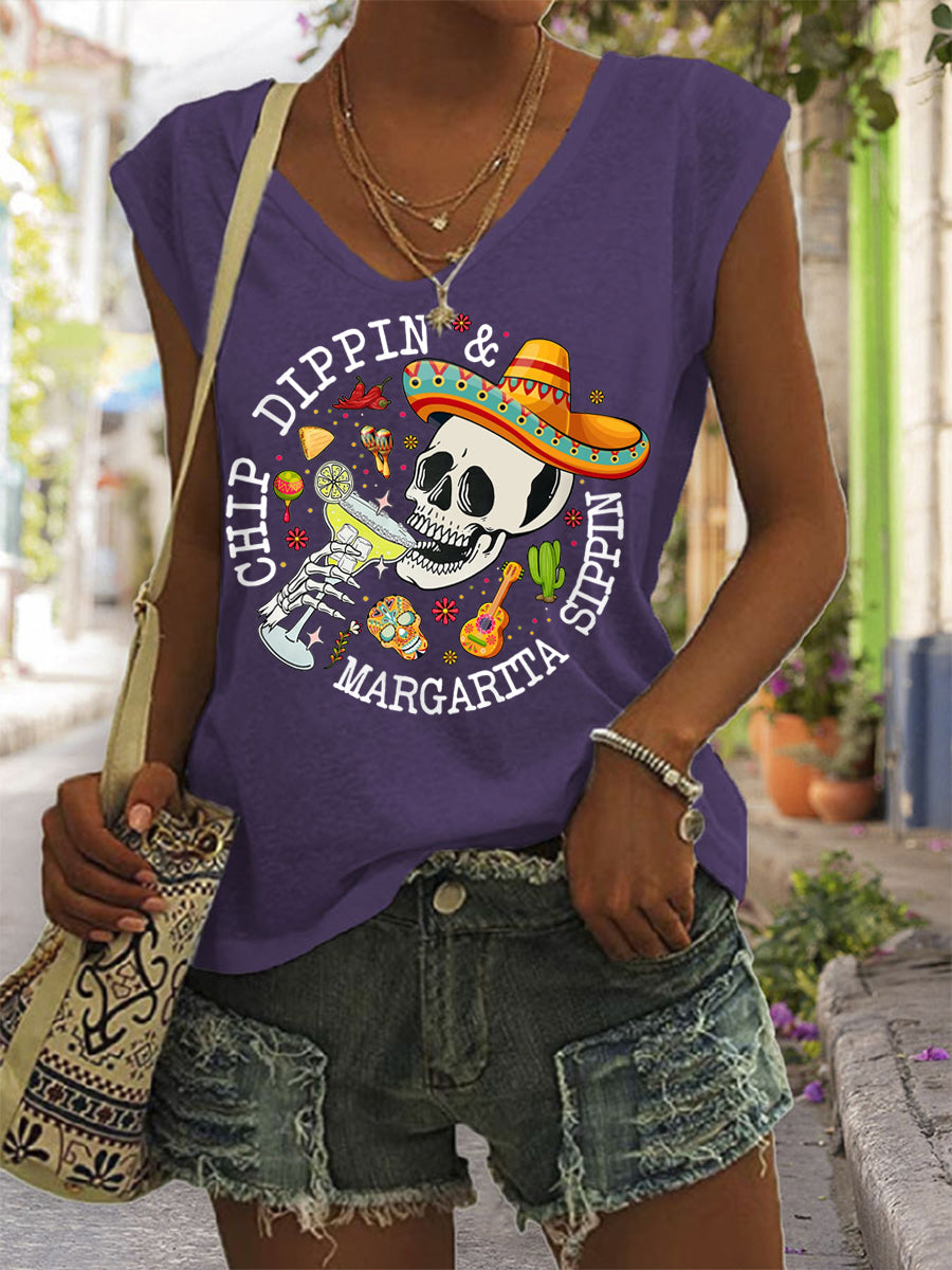 Divertido de las mujeres Cinco De Mayo esqueleto Chip Dippin Margarita Sippin camiseta sin mangas