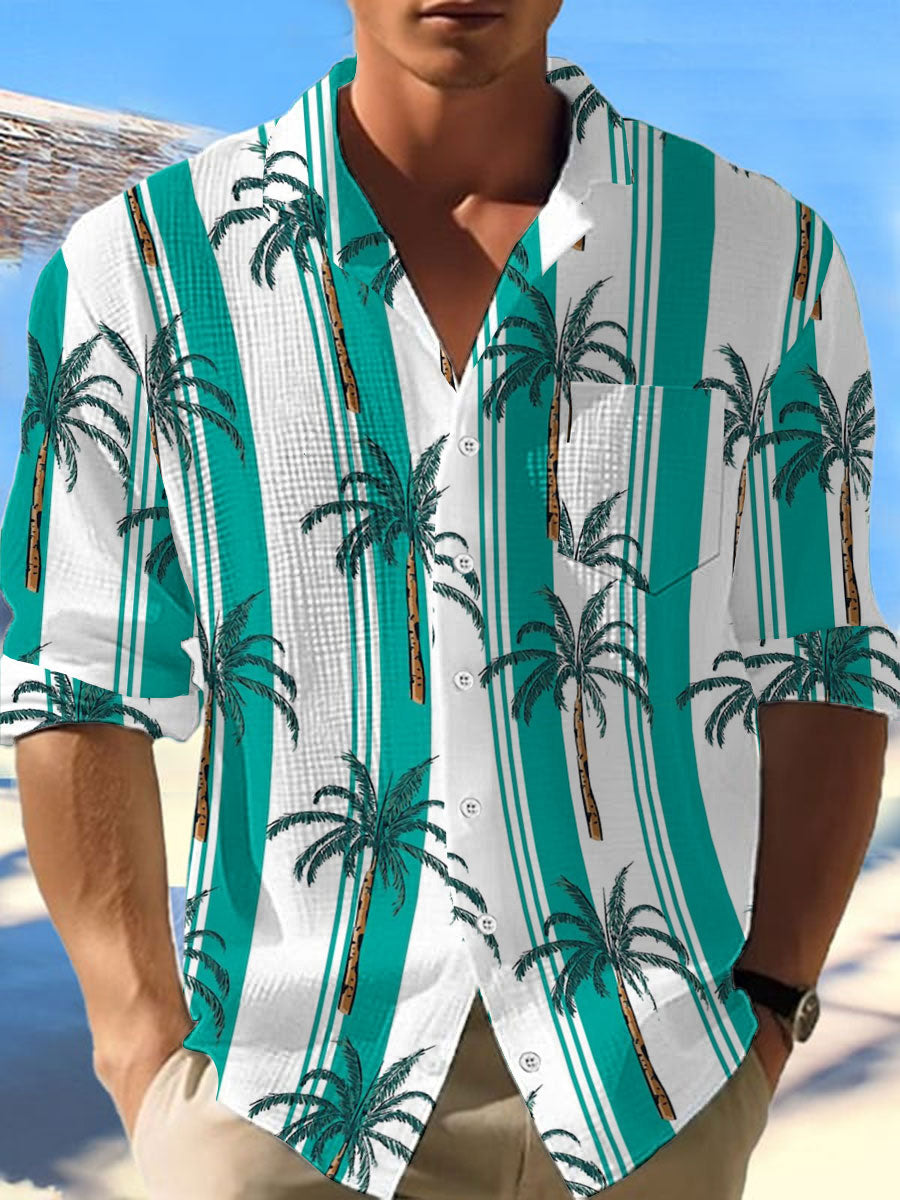 Camisa hawaiana de la manga larga de la galleta del árbol de coco de los hombres