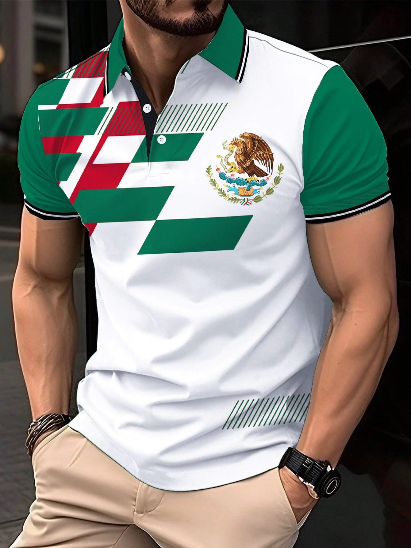 Polo Casual con Estampado de Bandera de México para Hombre