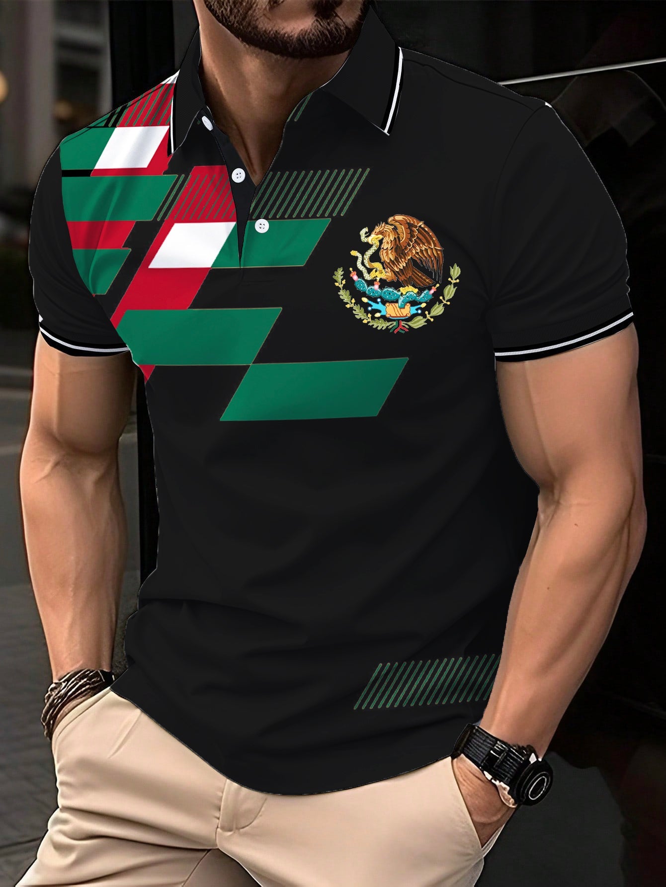 Polo Casual con Estampado de Bandera de México para Hombre