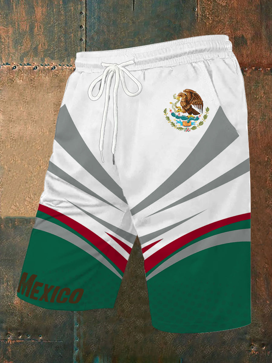 Pantalones cortos casuales con estampado de bandera de México para hombre