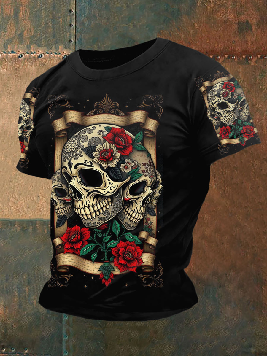 Camiseta casual de impresión retro del cráneo de la flor de los hombres
