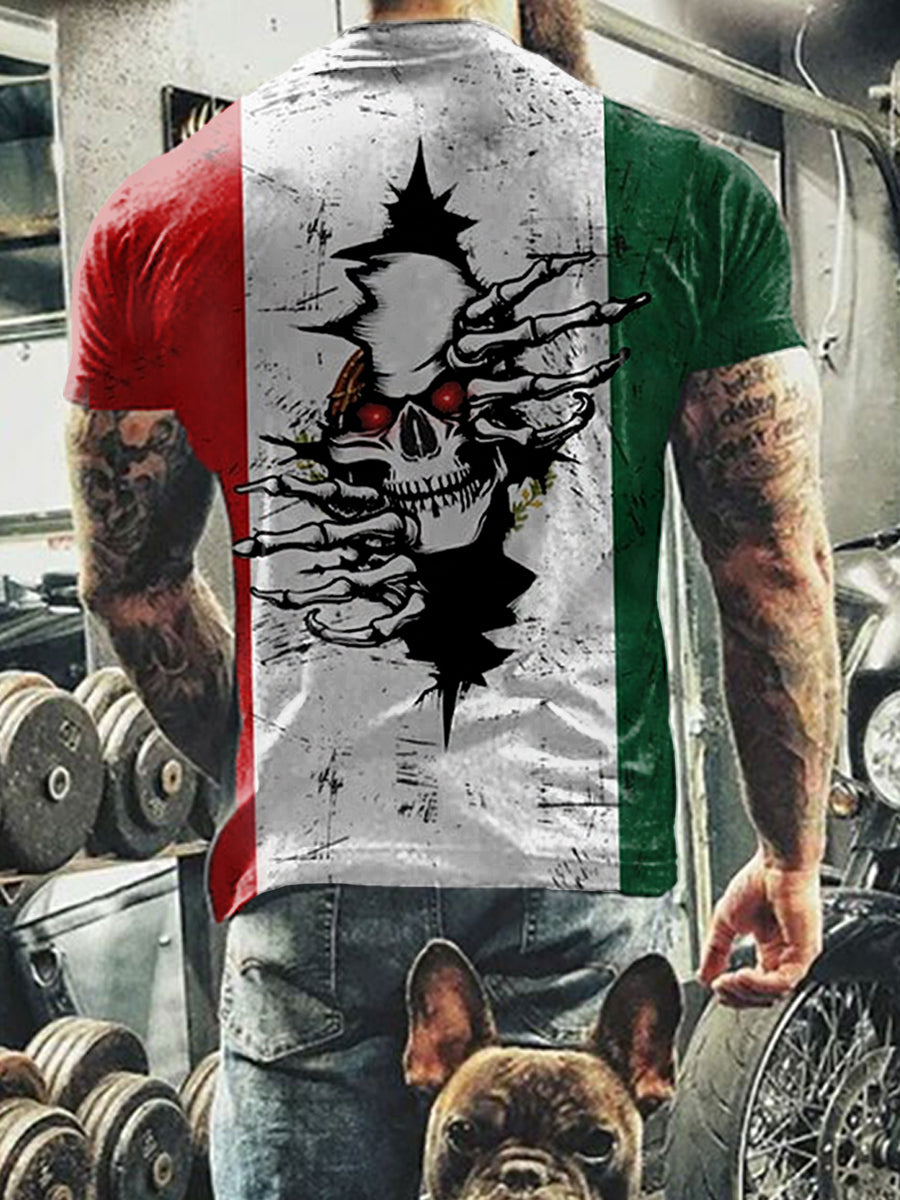 Camiseta casual con estampado de esqueleto de bandera de México para hombre