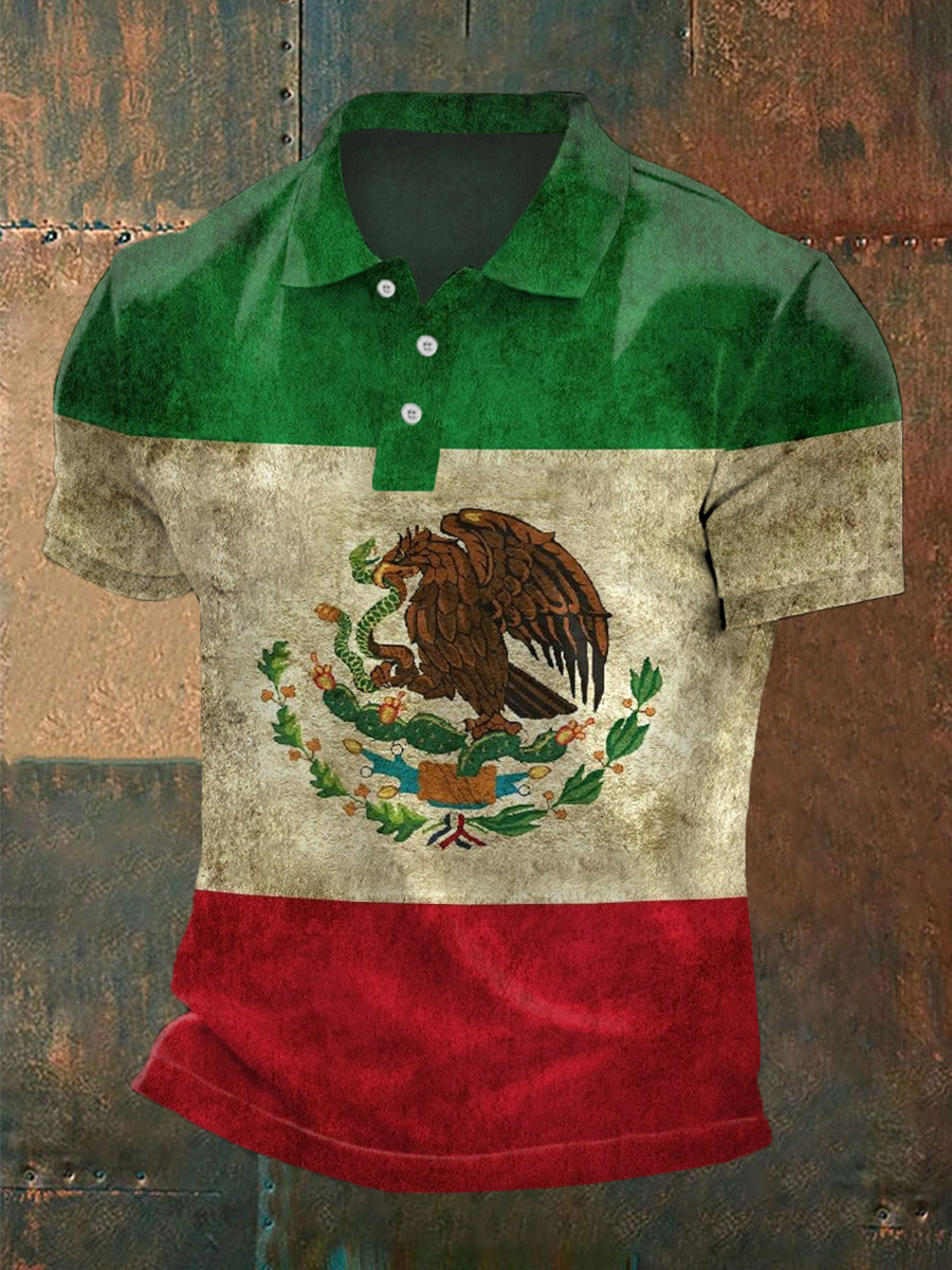 Polo casual con estampado de bandera de México vintage para hombre