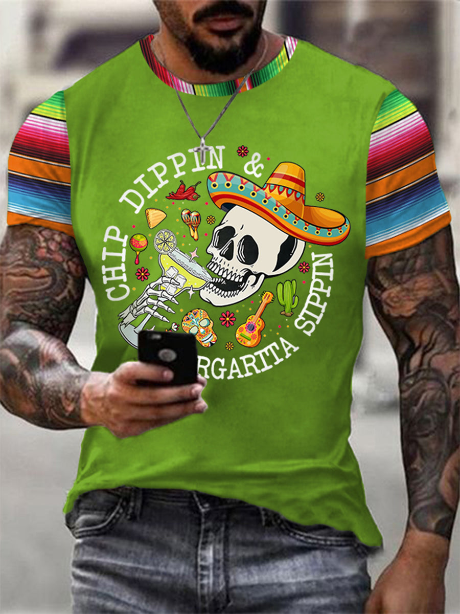 Funny Skeleton Cinco De Mayo Print Casual Tee Hombre
