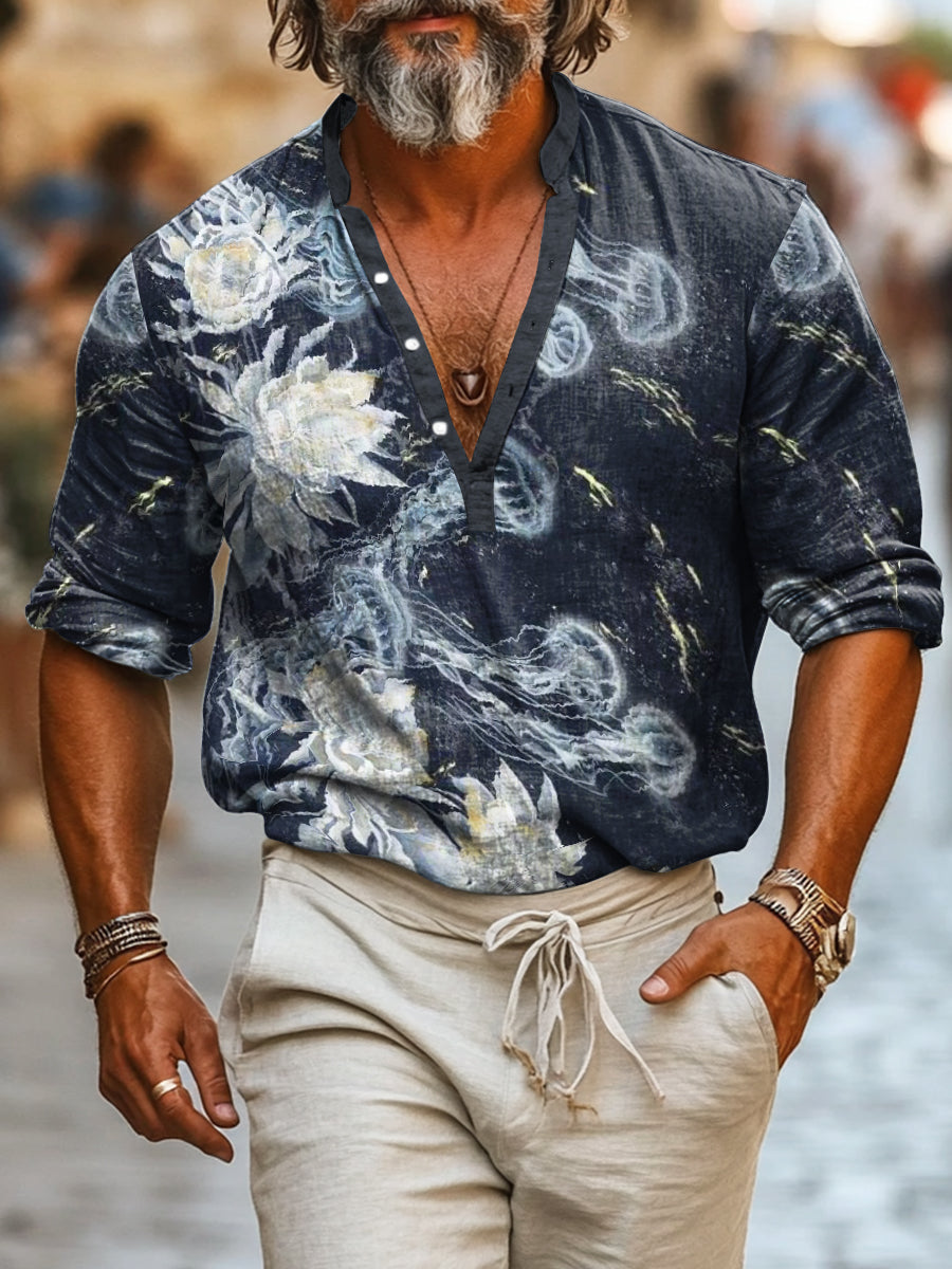 Camisa de manga larga casual de algodón con estampado de medusas estilo vintage para hombres