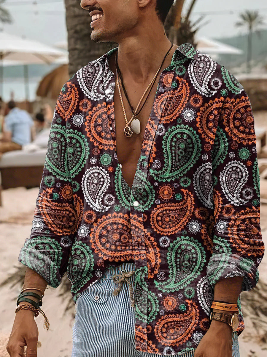 Camisa casual de algodón con estampado floral de estilo vintage para hombres