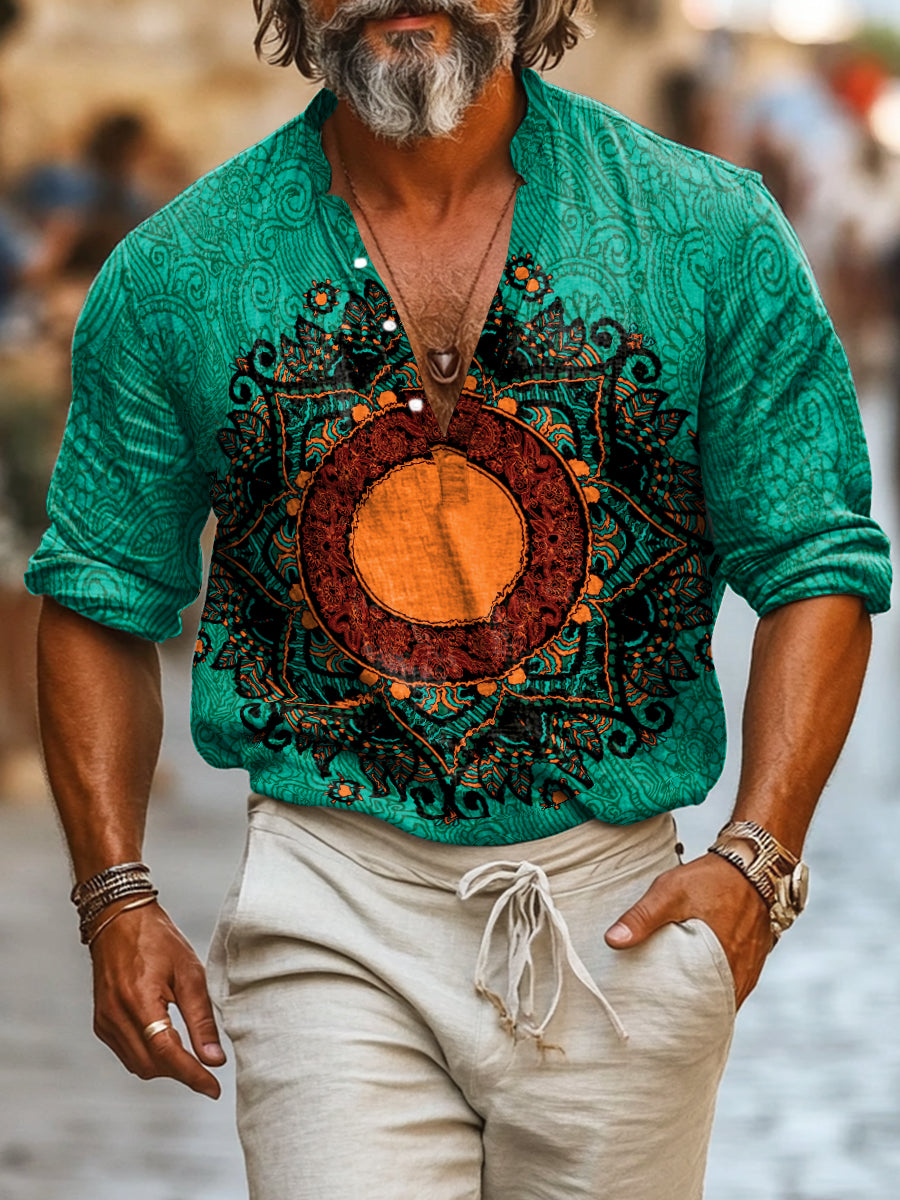 Camisa de manga larga casual de algodón estampado estilo boho de los hombres