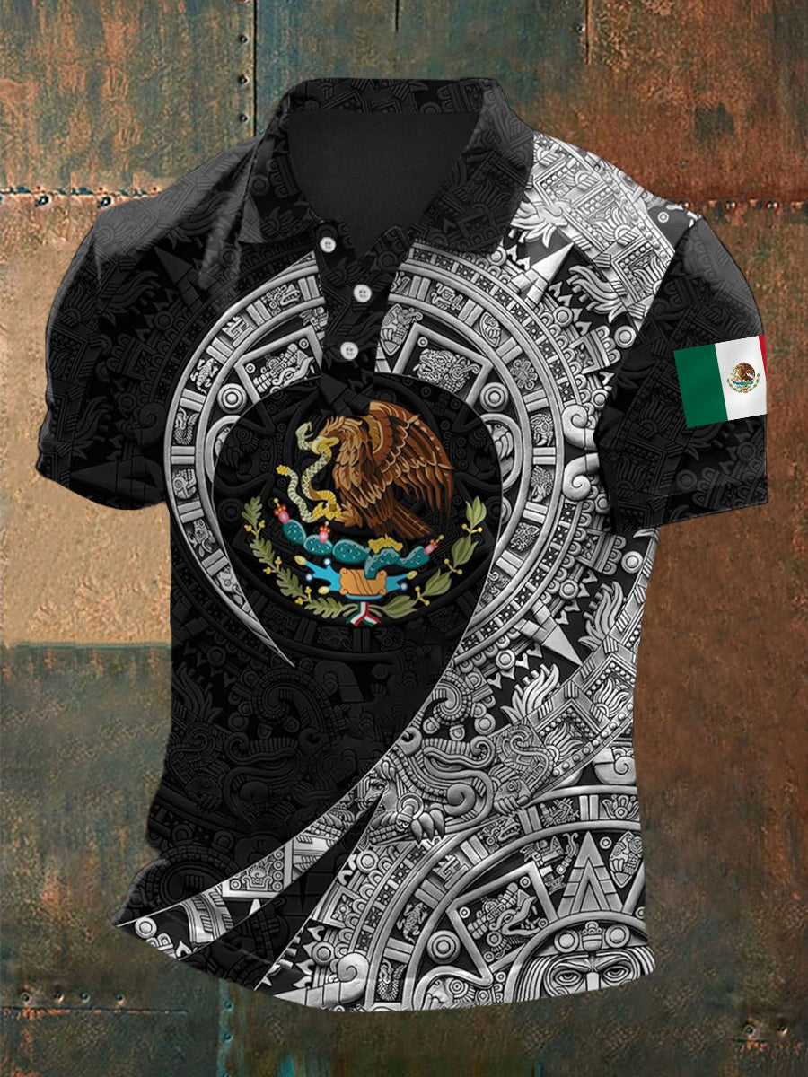 Polo ocasional mexicano retro de la impresión azteca de los hombres
