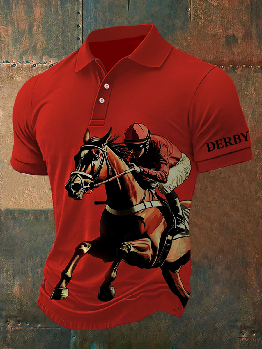 Retro Dreby Horse Impreso Henry Estilo V-cuello de manga corta Polo-Shirt