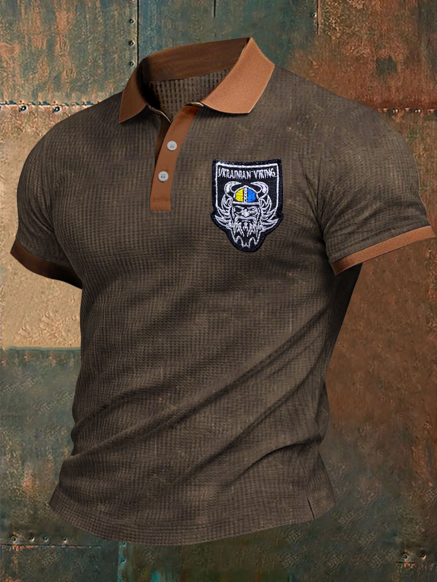 Retro vikingos waffle textura patrón impreso pueblo cuello en V manga corta camisa
