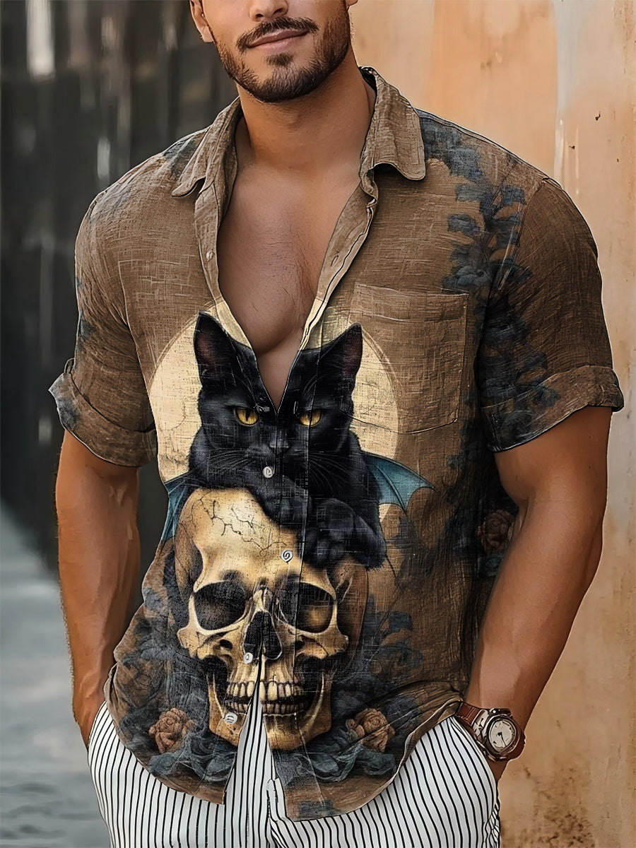 Hombres Punk Cráneo Negro Gato Floral Impresión Abstracta Casual Algodón Camisa de Manga Corta