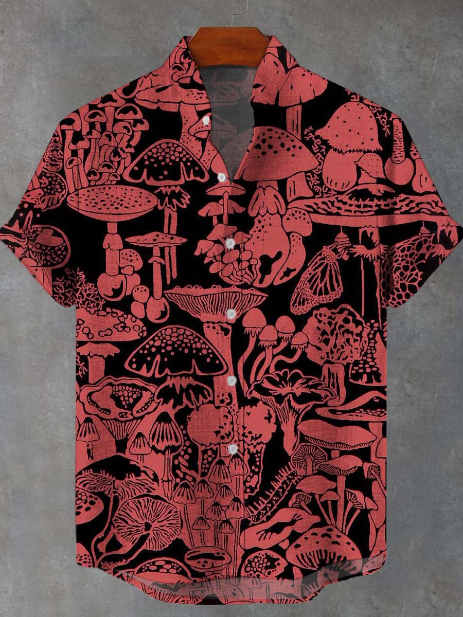 Camisa de manga corta casual con estampado de hongos retro para hombres