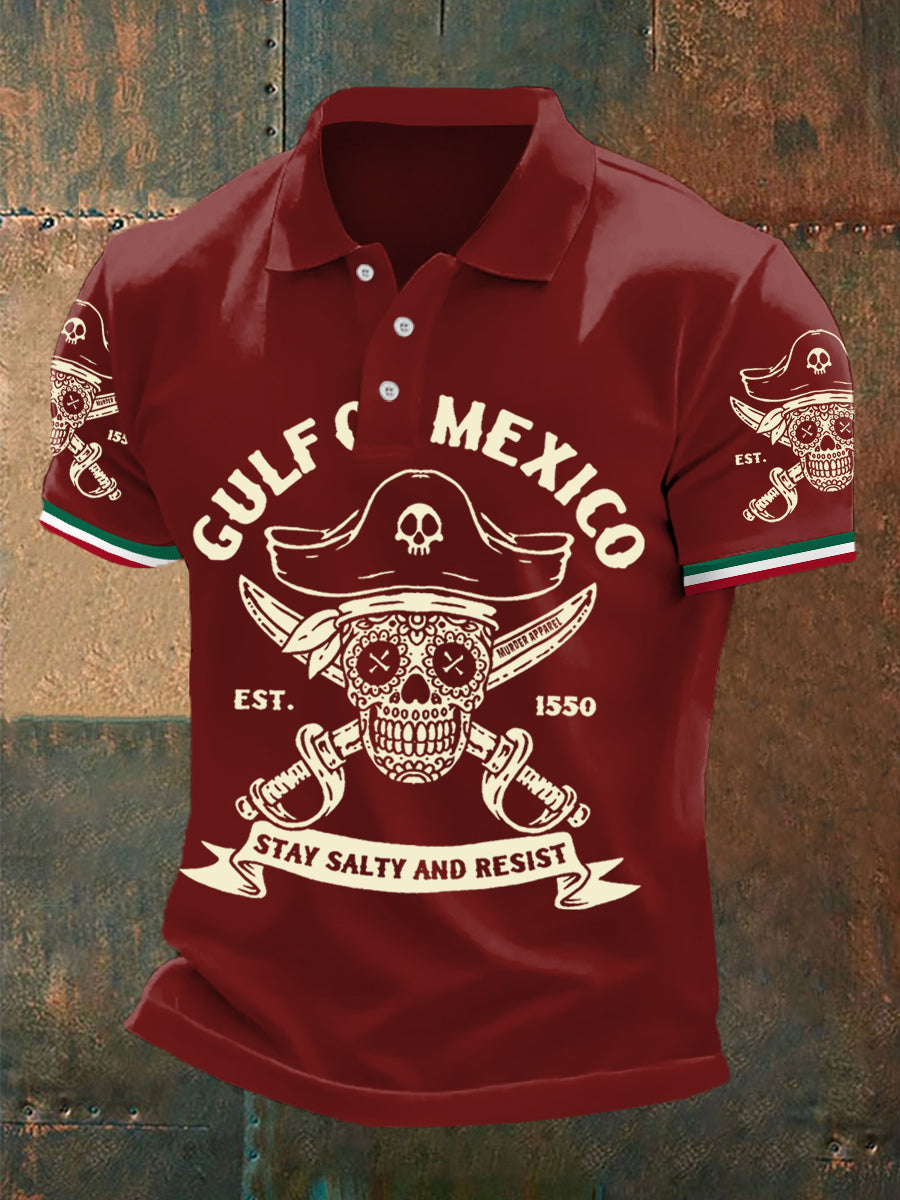 Los hombres retro pirata Golfo de México estancia salado y resistir México imprimir Polo Casual