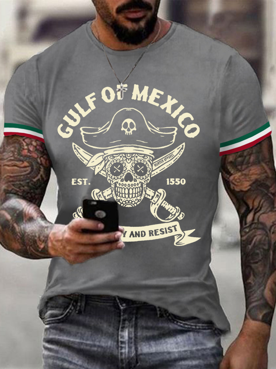 Los hombres retro pirata Golfo de México estancia salado y resistir imprimir camiseta casual