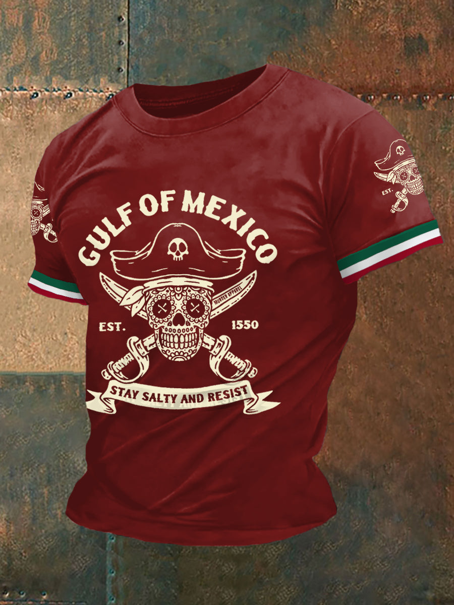Los hombres retro pirata Golfo de México estancia salado y resistir México imprimir camiseta casual