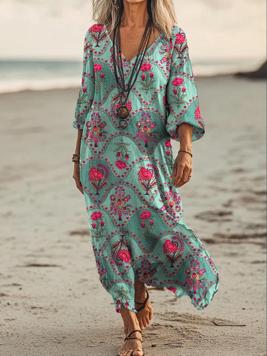 Vintage V-cuello bohemio estampado floral elegante vestido suelto Midi