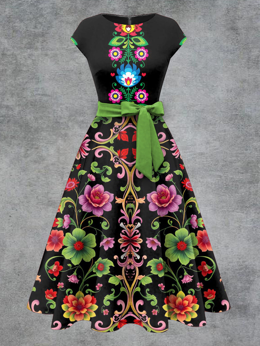 Vestido midi con cinturón de arco de impresión floral vintage para mujer