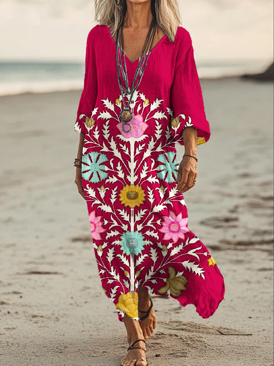 Vintage V-cuello bohemio estampado floral elegante vestido suelto Midi