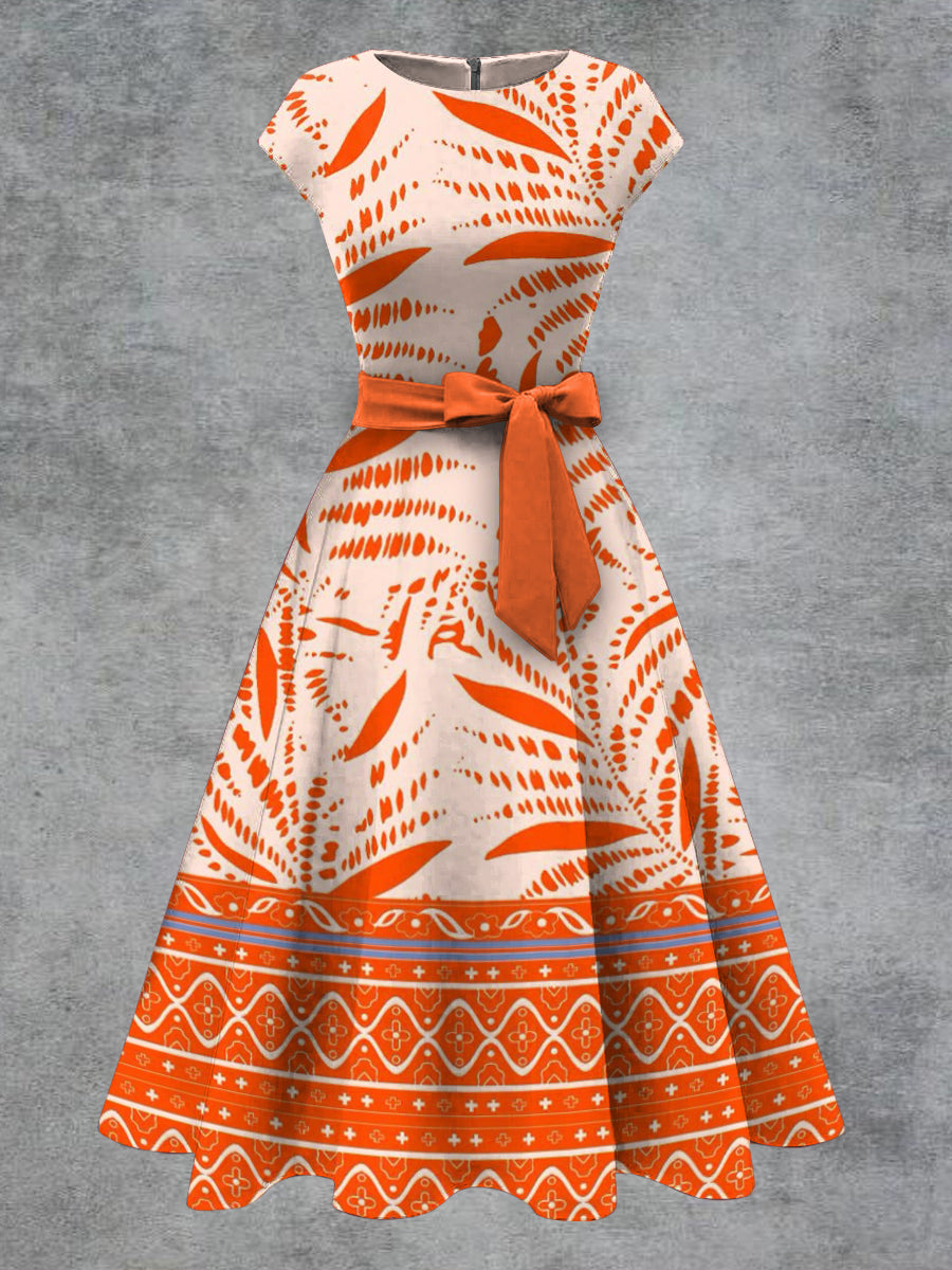 Vestido midi con cinturón de arco de impresión floral vintage para mujer