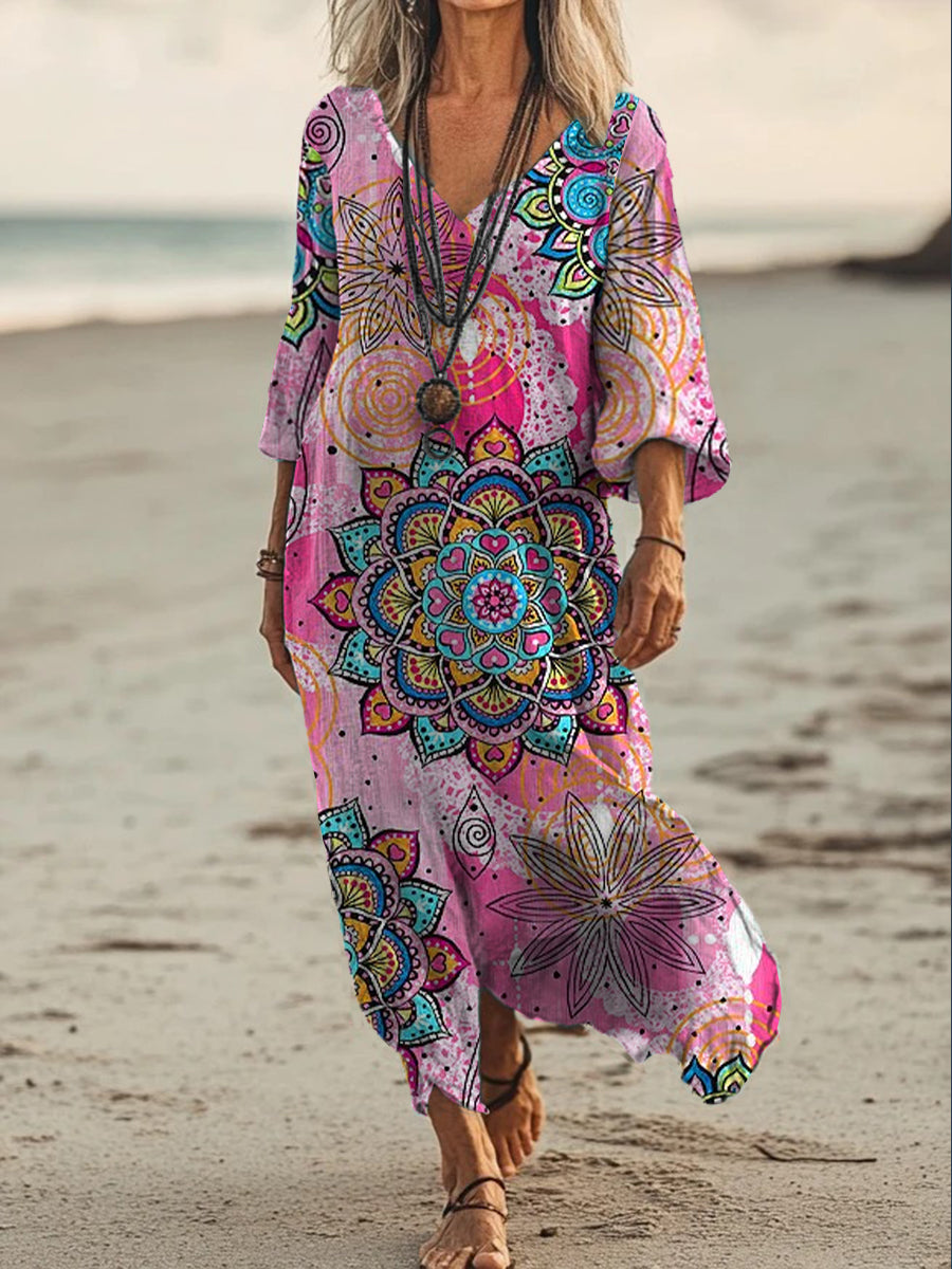 Vintage V-cuello bohemio estampado floral elegante vestido suelto Midi