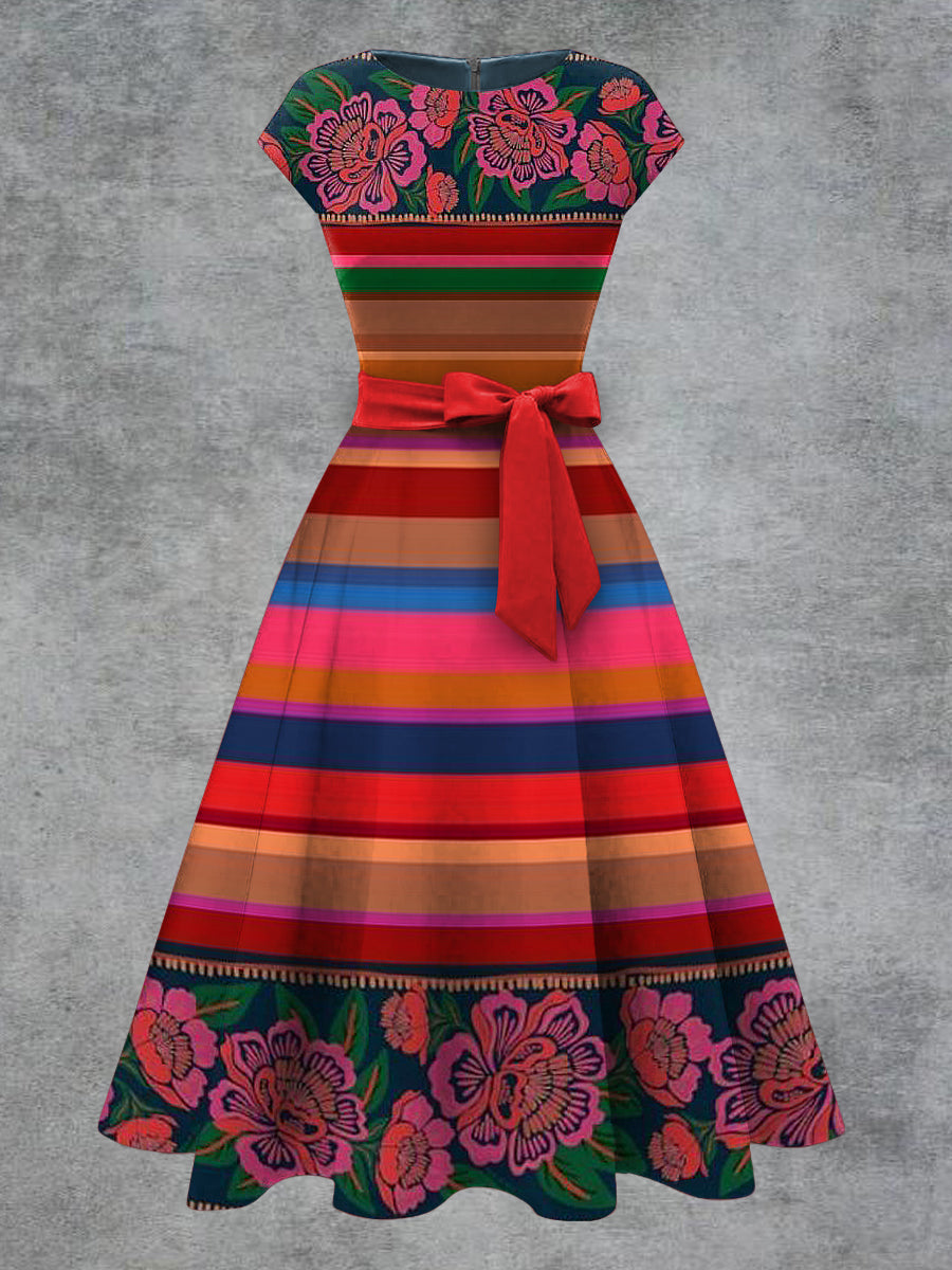 Vestido midi con cinturón de arco de impresión floral vintage para mujer