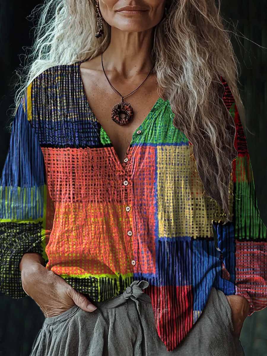 Mujer Vintage Bloques Estampado Escote en V Casual Algodón y Lino Tir