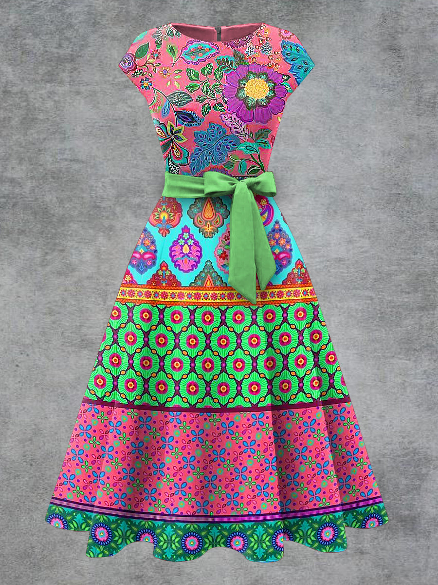 Vestido midi con cinturón de arco de impresión floral vintage para mujer