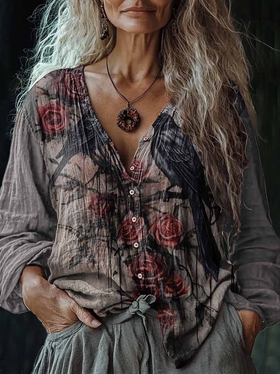 Vintage Boho Crow Art Print V-cuello Casual algodón y lino camisa de las mujeres