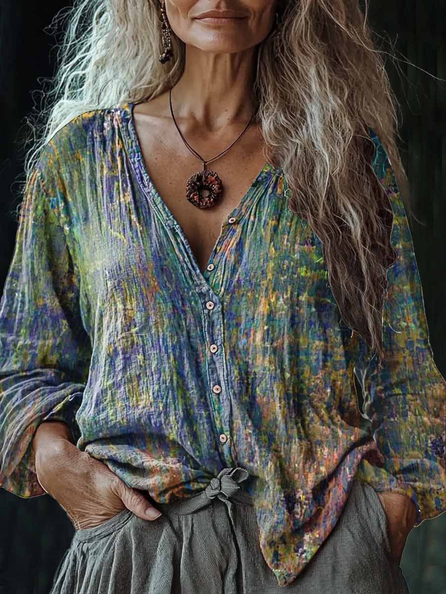 Camisa de algodón y lino casual con cuello en V y estampado de arte vintage para mujer