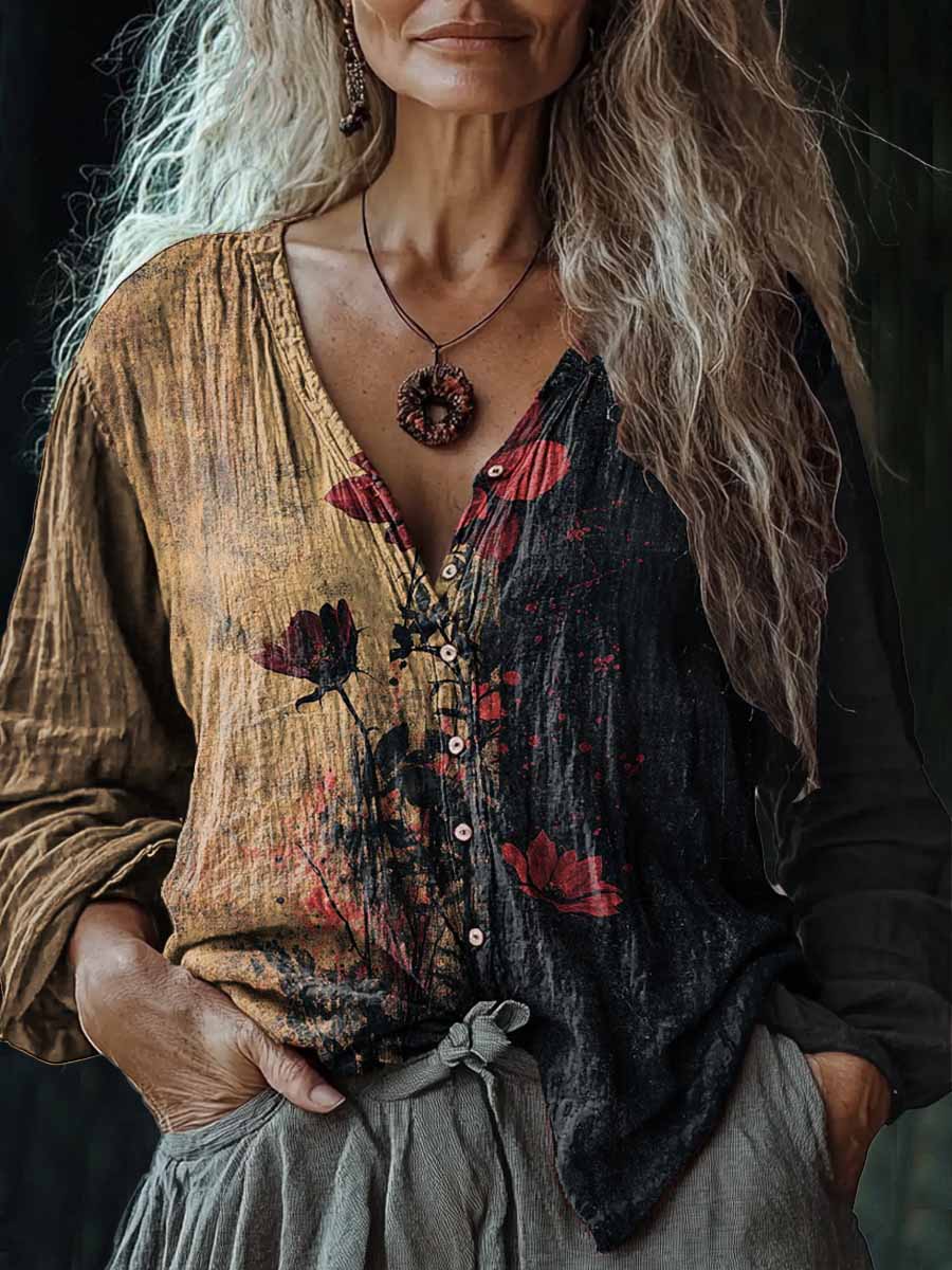 Camisa de algodón y lino casual con cuello en V estampado de arte rosa de color de contraste para mujer