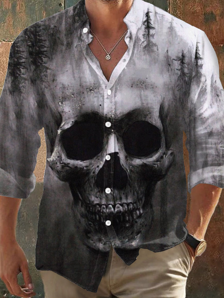 Camisa de manga larga con estampado de bosque Misty estilo oscuro retro para hombre